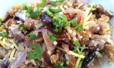 Delicious Asia - Asian eating Thai food. Piguant minced pork salad served with fresh vegetable.の写真素材