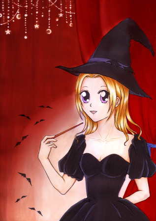 Painting of beautiful witch. The witches holding magic wand in her hand preparing spell to something in small room at the Halloween night. Cartoon drawing for decorated card, poster, book, etc.の写真素材