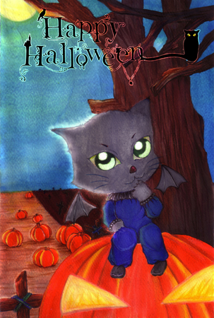 Water color painting. The witches black cat sitting on orange big pumpkin in a graveyard under the moonlight at the Halloween night. And title word 'Happy Halloween' for card, poster, book, etc.の写真素材