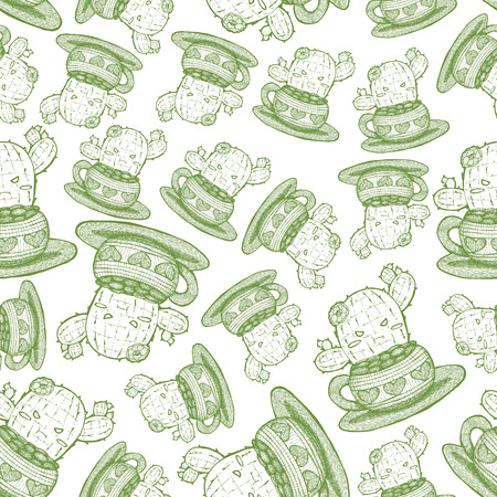 Line art drawing of a cute pouting prickly pear in a seamless patternの写真素材