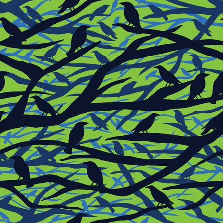 Tree Silhouette with Birds Perching Flat Design Illustrationの写真素材