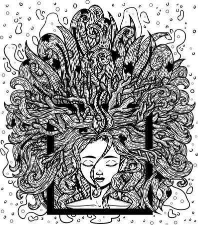 A personification of ocean/sea waves as a female. Decorated with shellfish, starfish, pearls, corals and bubbles. A decorative, engraving style illustration.のイラスト素材