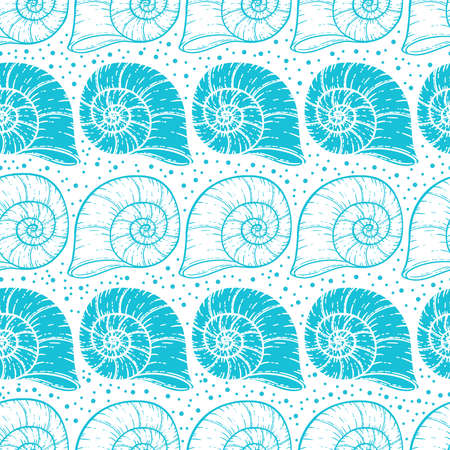 Seashells seamless surface pattern design in line art style and solid flat colors. Beautiful shell patterns perfect for summer and any beach theme occasions.の写真素材