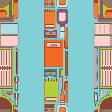 A fun illustration as seamless pattern design featuring school and office related attributes, such as backpack, pen, pencil and others.の写真素材
