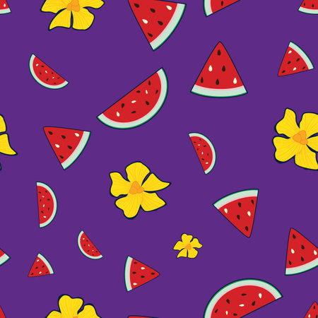 A beautiful seamless surface pattern design inspired by red watermelon. A cute and adorable...