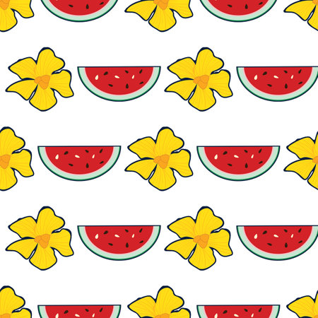 A beautiful seamless surface pattern design inspired by red watermelon. A cute and adorable...