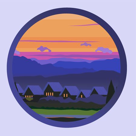 landscape of sunset in the village, in the background mountains and sky in a circleのイラスト素材