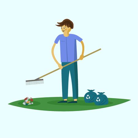 guy with a rake cleans bottles and cans from the lawnのイラスト素材
