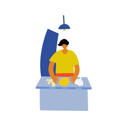 A man shows the food that you need to eat to raise immunity. Garlic, Lemon, Ginger. Vector illustration.のイラスト素材
