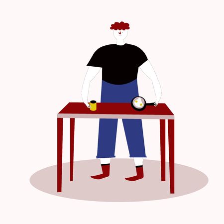Man preparing fried eggs for breakfast.Vector illustration in doodle style hand drawn sketch.のイラスト素材