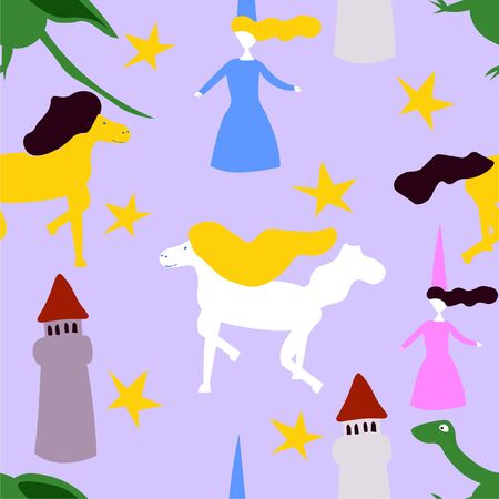 Seamless Pattern With Princess Castle Dragon Fairy Horse Fairy Tale Theme Isolated Objects Vintage Vector Illustrationの素材 Fy ストックフォトのamanaimages Plus