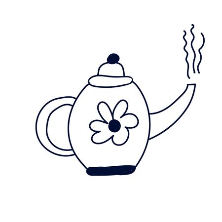 Doodle style teapot icon element. Scandinavian cozy simple hygge liner style. hand drawn pot, kettle, teakettle, tea, coffee, warm drinks.のイラスト素材