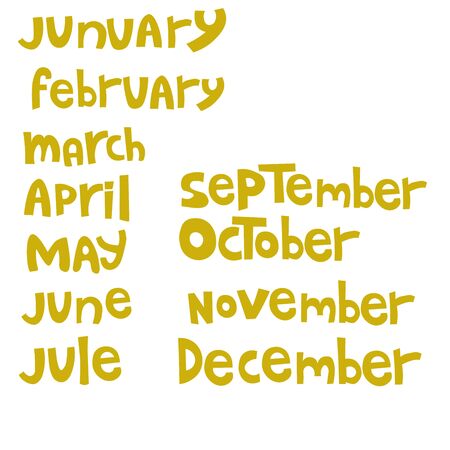 Set of labels of the months of the year. Fashionable calligraphy. January, February, March, April, May, June, July, August, September, November, December. Vector illustration.のイラスト素材