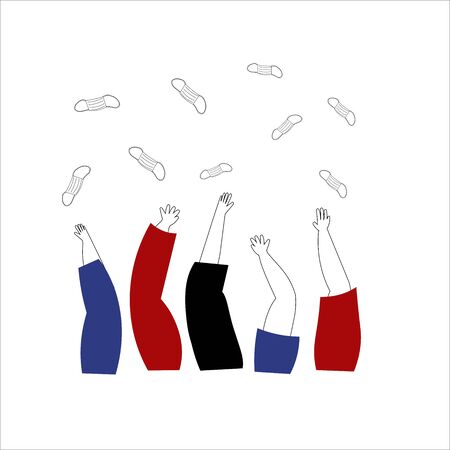 Coronavirus win concept. Hands throwing up medical masks. Hand drawn vector illustration. End of quarantineのイラスト素材