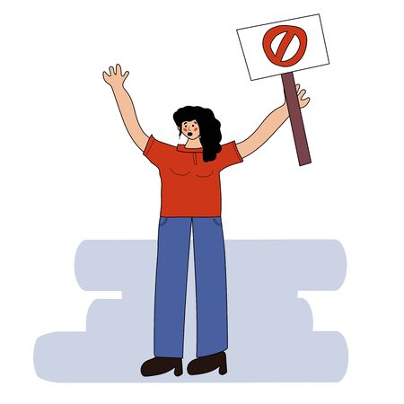 The girl at one picket. Female protest. Rally for women's rights. Demonstration. A girl is standing with a tent. Vector illustration in hand drawn styleのイラスト素材