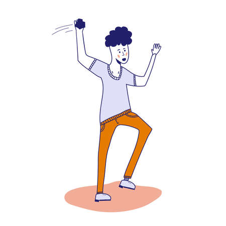 a man throws a stone. The guy is protesting. Riots among young people. A young man wants to throw a piece of asphalt. Vector illustration with blue lines in cartoon styleのイラスト素材