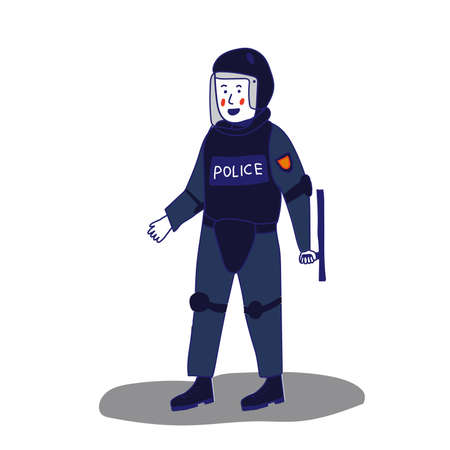 Uniformed police officer standing with a shield and a baton on a white background in cartoon style. Vector illustration with a blue lineのイラスト素材