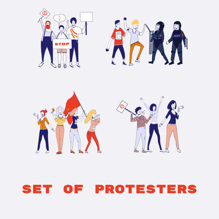 Big set of protesting people holding banners and placards. Men and women characters on political meeting, parade or rally. Group of male and female protesters or activists. . Vector cartoon line illustrationのイラスト素材
