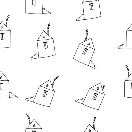 Cartoon Outline Hand Drawn Houses on White Background Vector Seamless Patternのイラスト素材