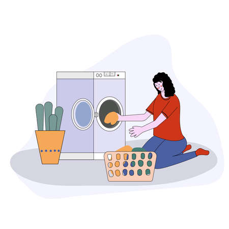 woman doing laundry putting dirty clothes on washing machine from basket. Vector illustration cartoon styleのイラスト素材