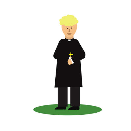 Catholic priest. Pastor reads prayer, holds cross, bible and gospel, bless parishioners. Flat vector cartoon illustration. Objects isolated on a white backgroundのイラスト素材
