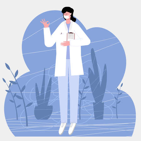 Female doctor shows gesture everything is ok, isolated on white background vector illustration in flat style for web pages and mailingのイラスト素材