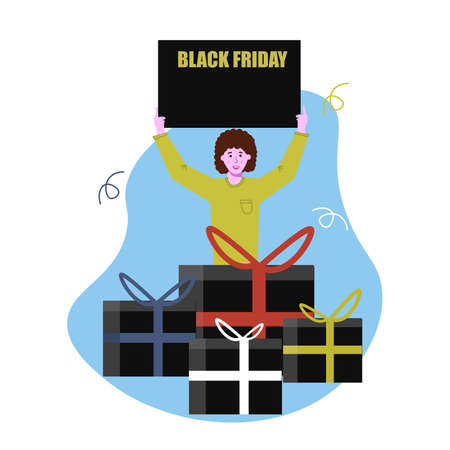 Black Friday. Woman with a poster in her hands. At the girl s feet there are many purchases in the form of gifts. Vector illustration in flat style for web pages and posters.のイラスト素材