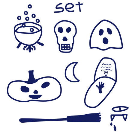 halloween set tombstone, skull, broom, cauldron, monster face, pumpkin. Vector illustration in hand drawn style with gel penのイラスト素材