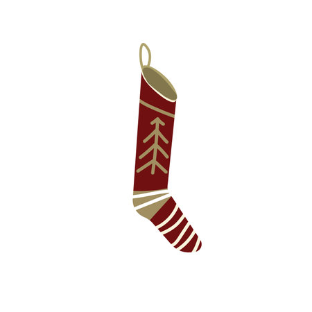 knitted christmas stocking with red patterns on white background, vector illustration.のイラスト素材