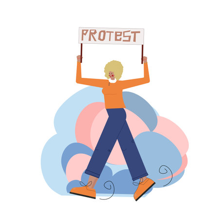 Protester woman holding empty banner. Activist protesting, political meeting, strike human female rights. Vector illustration isolated.のイラスト素材