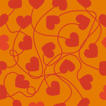 Valentine Day. Orange seamless background. Red heart pattern. Romantic congratulation. Love symbol ornament minimalist symmetrical composition isolated on bright yellowのイラスト素材