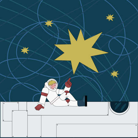 an astronaut sits on a rocket and points his finger at a star. Vector illustration.のイラスト素材