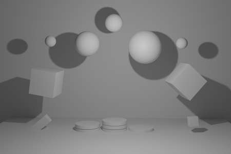 3d rendering of realistic primitives composition. Flying figures in motion isolated on a blue background. Possible theme for fashion designs. Spheres, torus, tubes, cones in white colors. A podium for cosmetics or watchesの写真素材