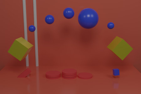 3d rendering of realistic primitives composition. Flying figures in motion isolated on a blue...