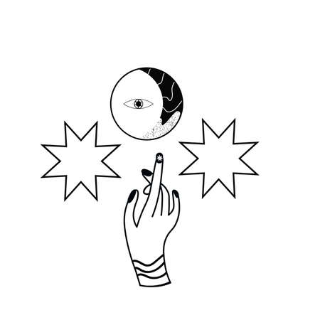 Alchemy esoteric mystical magic celestial talisman with woman hand, moon c , stars sacred geometry isolated. Spiritual occultism object. Vector illustrations in black outline styleのイラスト素材