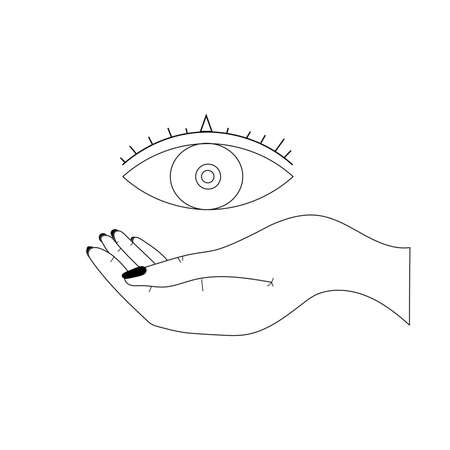 Human hands open around masonic symbol all seeing eye over sacred heart and pyramid. New World Order. Alchemy, religion, spirituality, occultism. Color vector illustration in vintage style isolated.のイラスト素材
