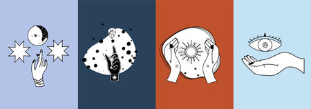 Set of mystical symbols for spiritual practices. Magical hands keep crescent, crystal, branch against background of stars. Trendy minimalist signs for design of cosmetics, jewelry, handmade products.のイラスト素材