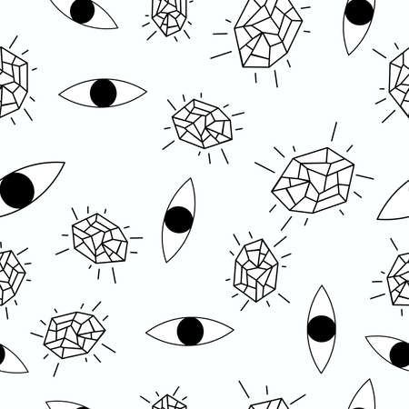 magic pattern of crystals and eyes. Hand drawn vector seamless pattern with ethnic magic elements, eye, minerals.のイラスト素材