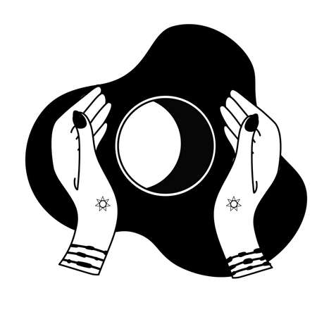 Two hands holding a crescent moon, hand drawing in oriental style, boho sticker. Linear icon for astrology, tarot. Vector illustration isolated on white background.のイラスト素材