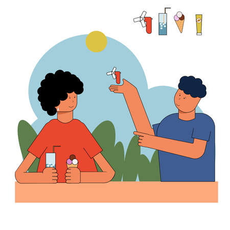 Summer flat concept vector illustration. Woman and man in hot weather 2D cartoon characters for web design. Women drink water. The man recommends a fan with the possibility of variations, for example, ice cream, sunscreen, cocktail.のイラスト素材