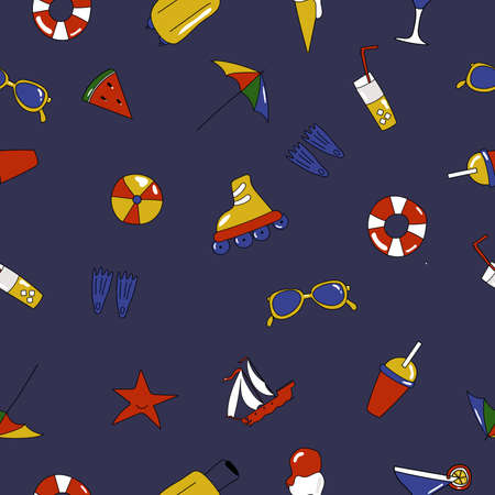 Hand drawn seamless pattern of travel summer vacation elements, luggage, map, suitcase, sea star....