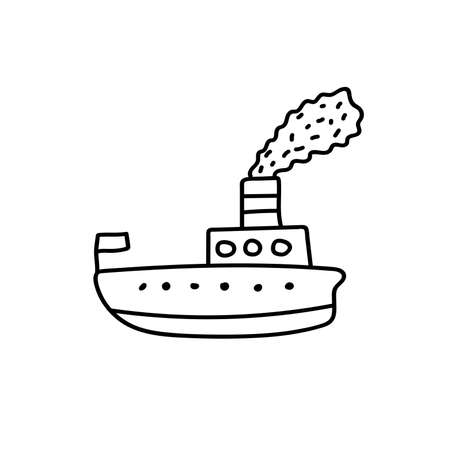 Hand drawn sailing ship on the waves. Doodle boat. Children drawing. Isolated vector illustration in doodle style on white backgroundのイラスト素材