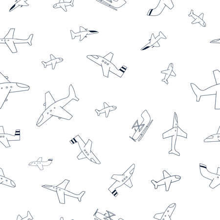 Vector hand-drawn seamless repeating children simple pattern with aircraft in Scandinavian style on a white background.Kids seamless pattern with planes. Funny airplanesのイラスト素材