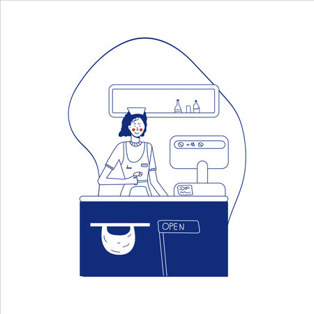 Woman cashier in a supermarket. Seller at the counter, supermarket checkout. blue line style. Modern outline cartoon style illustration, premium quality.の写真素材