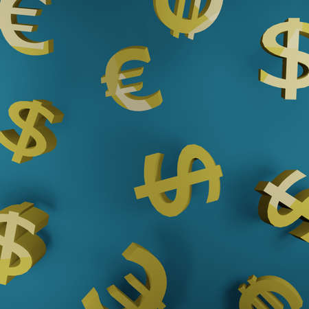 gold Dollars and Euros on a blue background. Pattern. 3d render illustration. Advertising for financial institutionsの写真素材