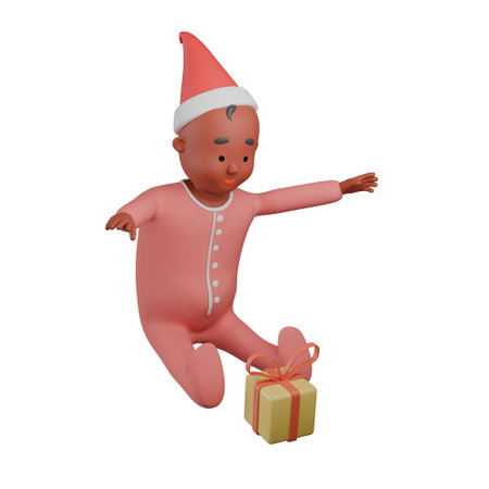 3D render illustration. The dark-skinned kid reaches for the gift. A baby celebrates New Year or Christmas for the first time.の写真素材