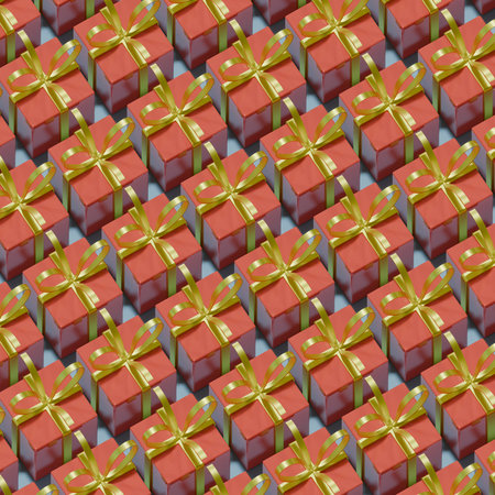 A pattern of red gift boxes decorated with gold ribbons. 3D render background illustration on the theme of a holiday, Christmas or New Year.の写真素材