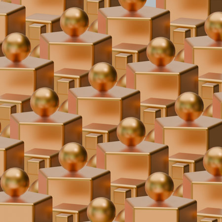 Golden Sphere Abstract Background Shiny Metallic Balls Texture Luxury Design Element. 3D render illustration.の写真素材