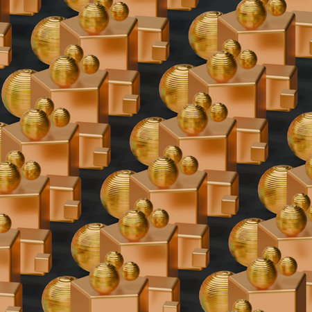 Abstract background in the form of golden shapes. The texture of shiny metal balls. A luxurious 3D rendering illustration design element. New Years festive mood.の写真素材