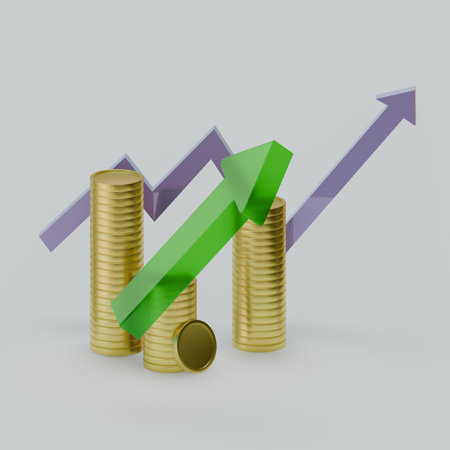 3d growth stock chart with coins investing icon, Uptrend stock market graph. 3d rendering...